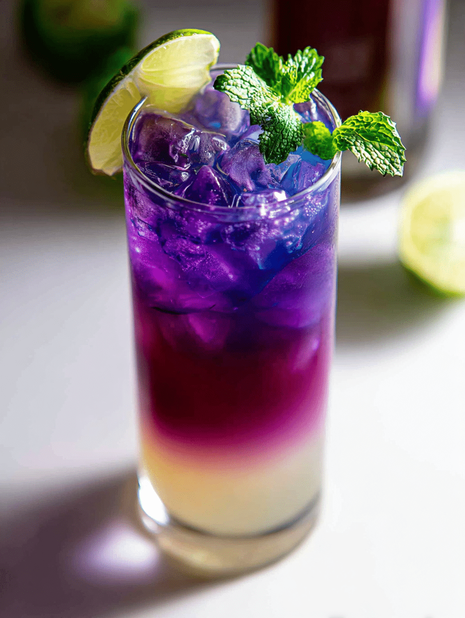 Butterfly Pea Flower Tea mocktail in a glass, surrounded by fresh mint and limes, demonstrating its color change.