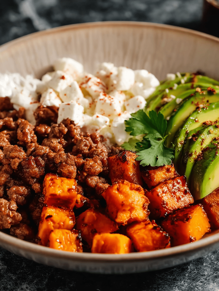 Delicious Sweet Potato Beef Bowl topped with cottage cheese and hot honey, featuring sweet potatoes, avocados, and ground beef, served in a rustic bowl.