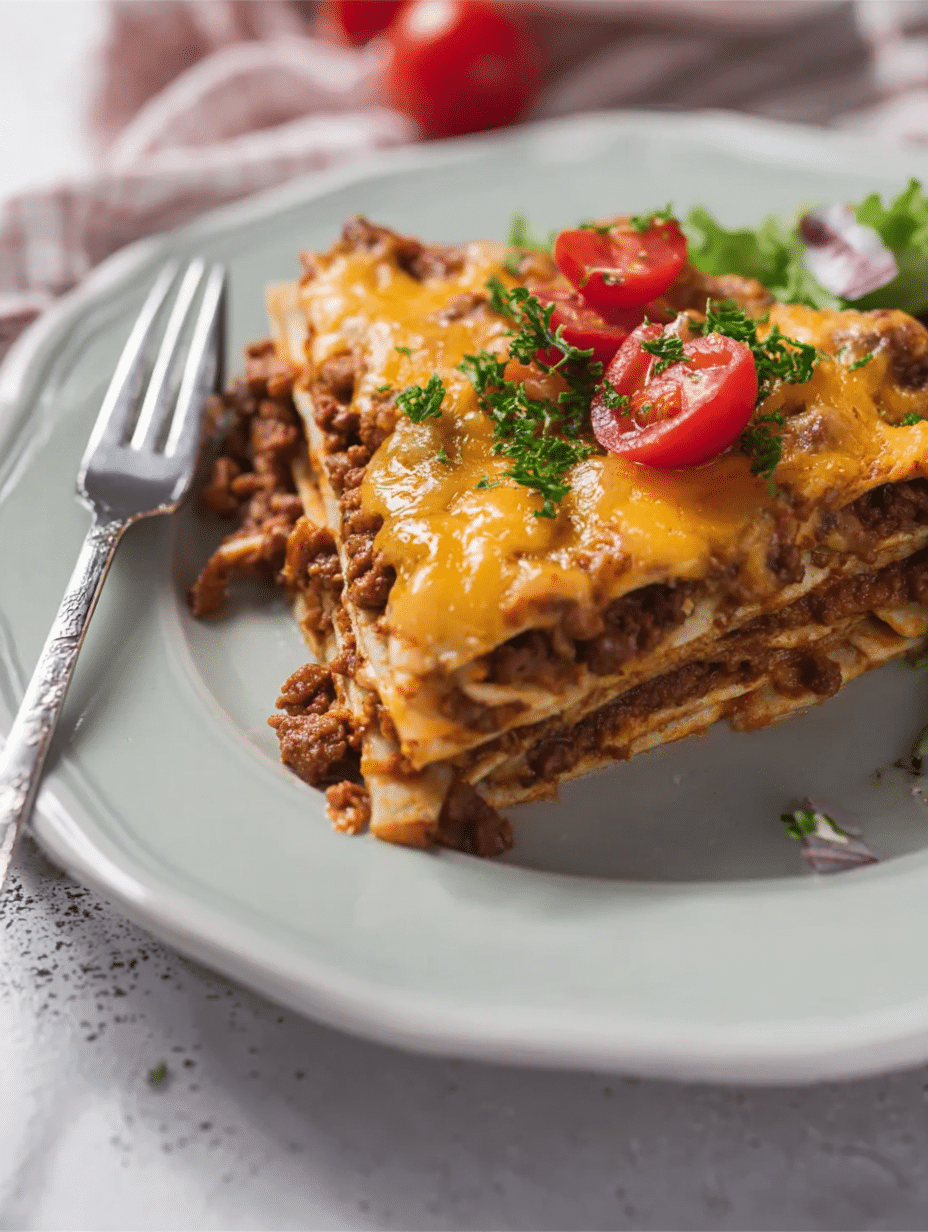 Slice of taco casserole on a plate with sour cream and cilantro garnish, highlighting tortillas and melted cheese layers.