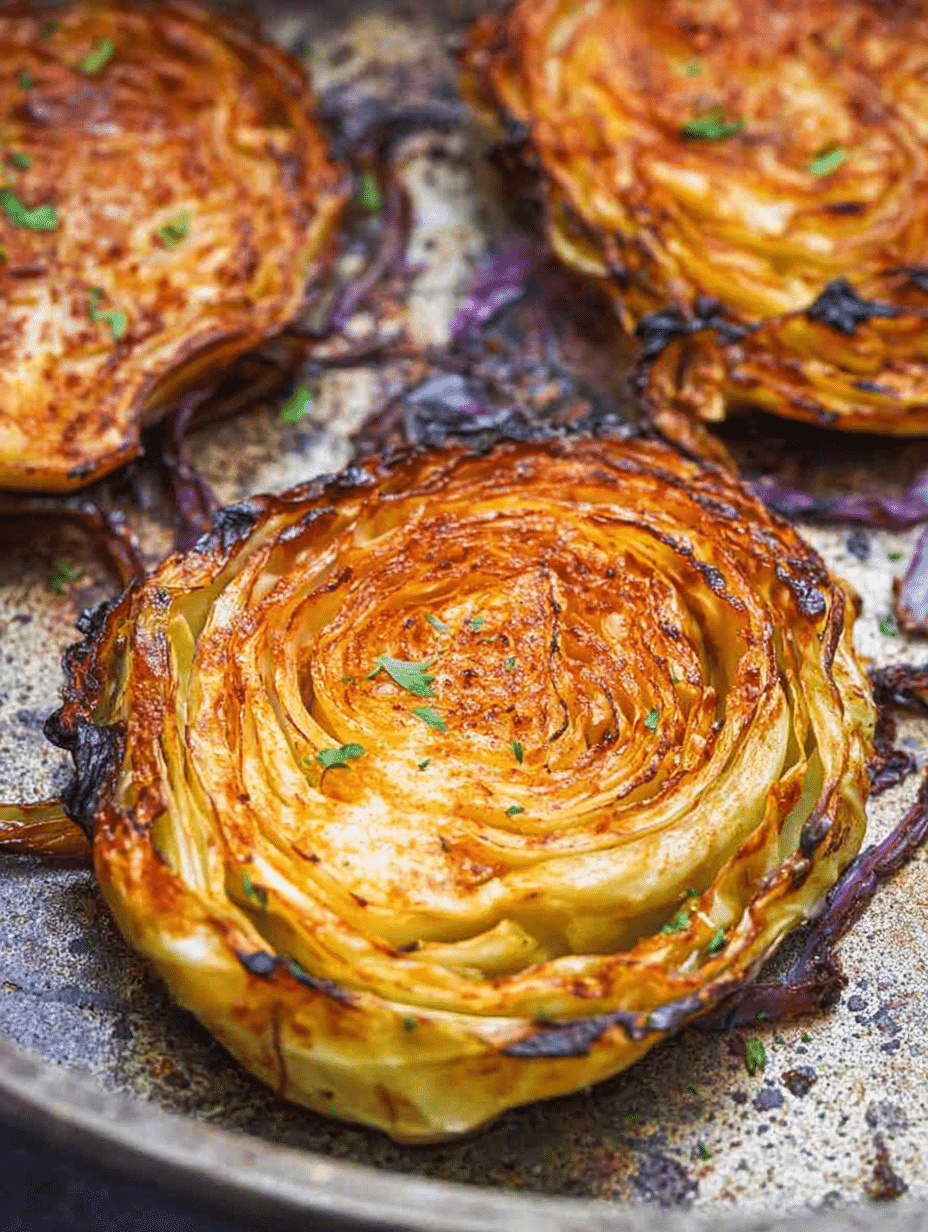 Roasted cabbage steak garnished with paprika and garlic, displayed on a wooden cutting board.