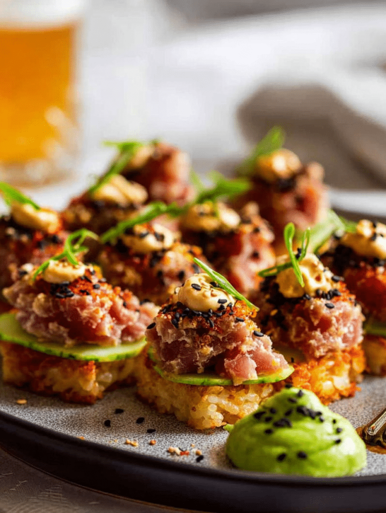 Crispy rice with spicy tuna, garnished with jalapeño and sesame seeds on a white plate.