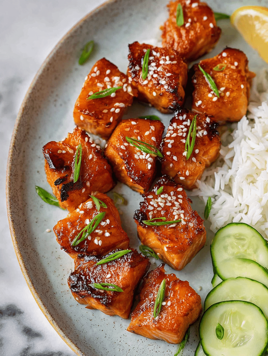 Delicious air fryer salmon bites served on a plate with sesame seeds, green onions, and sides of rice and vegetables.