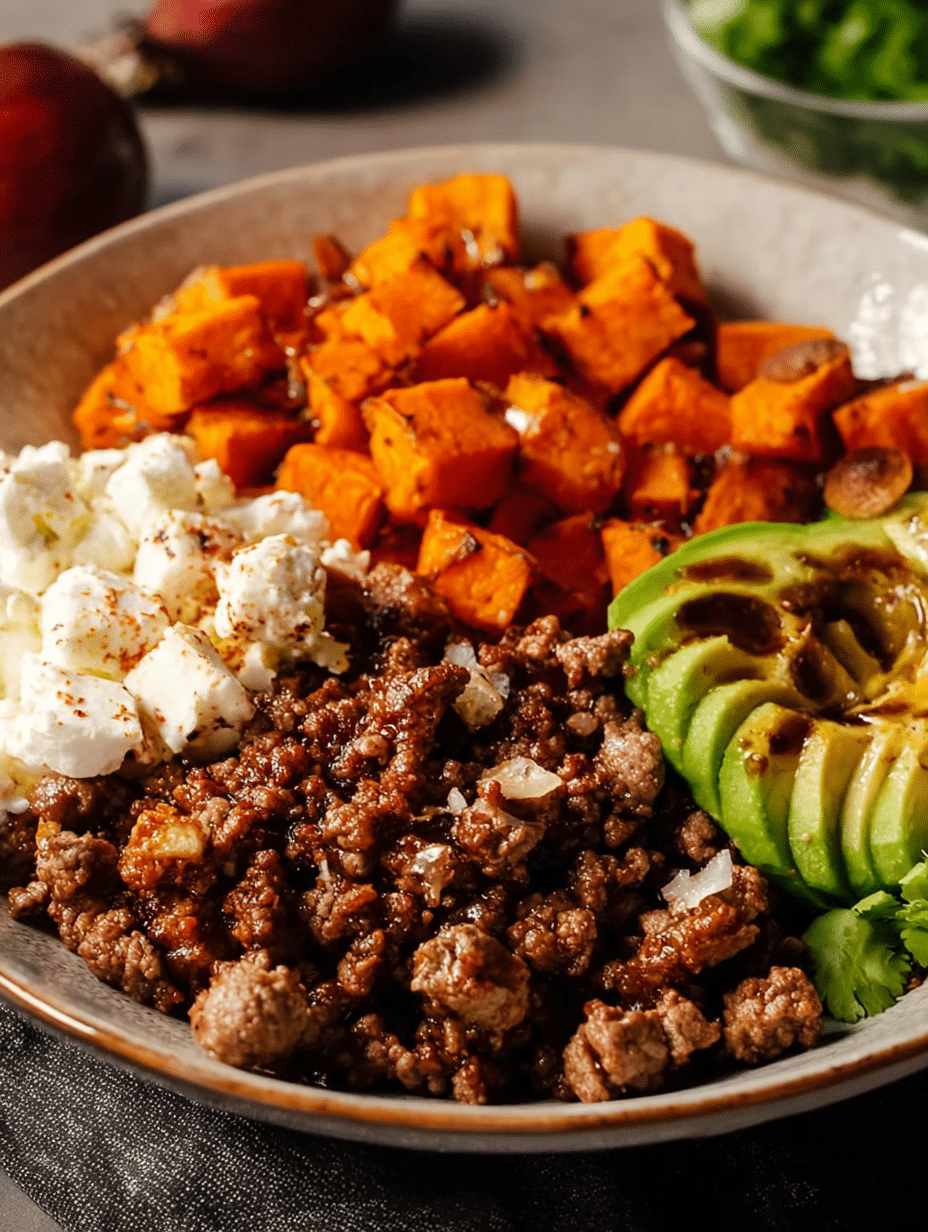Delicious Sweet Potato Beef Bowl topped with cottage cheese and hot honey, featuring sweet potatoes, avocados, and ground beef, served in a rustic bowl.
