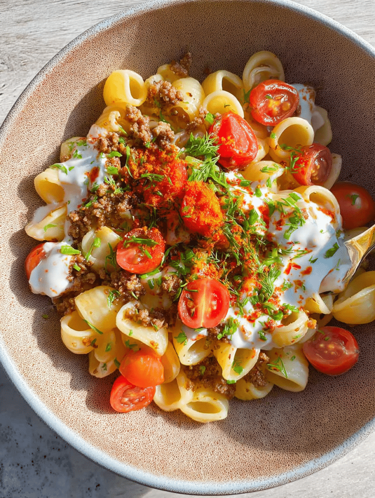 Delicious Turkish pasta recipe with garlicky yogurt sauce and cherry tomatoes on a white plate.