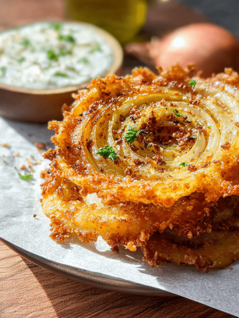 Crispy onion ring chips served with dipping sauce on a wooden table.