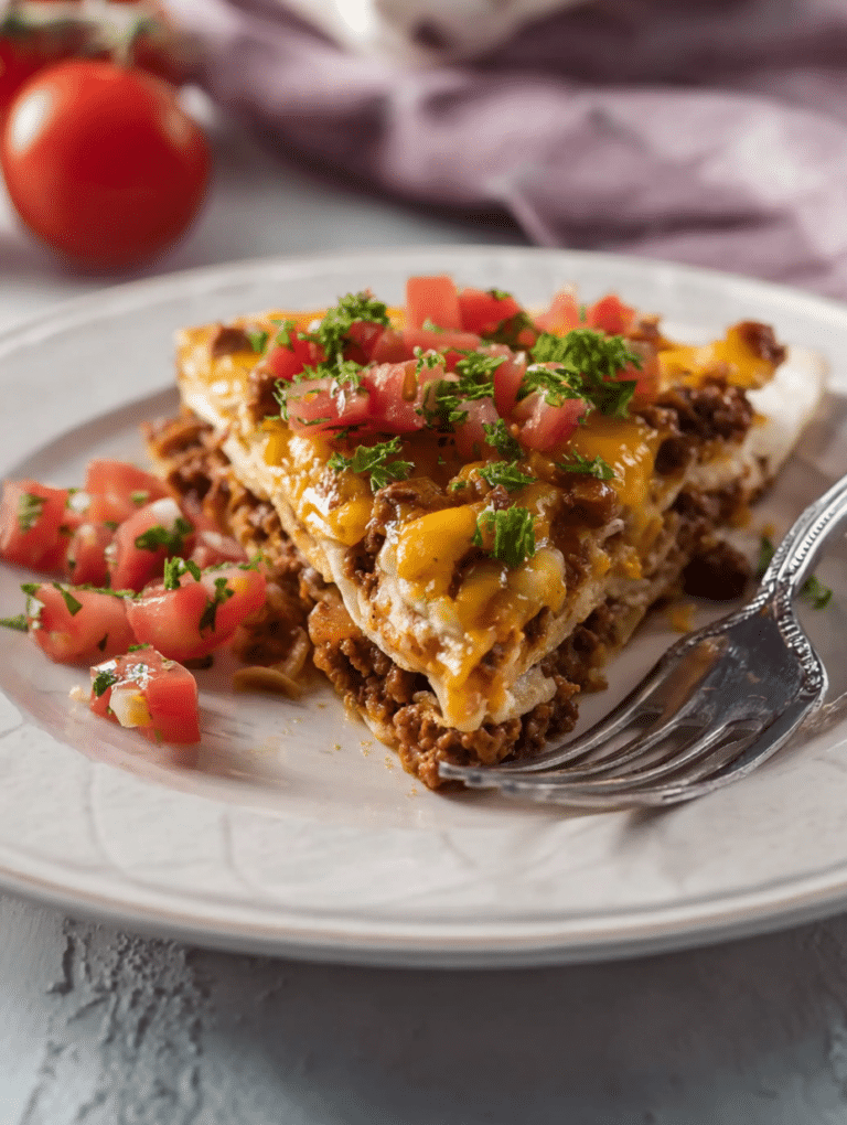 Slice of taco casserole on a plate with sour cream and cilantro garnish, highlighting tortillas and melted cheese layers.