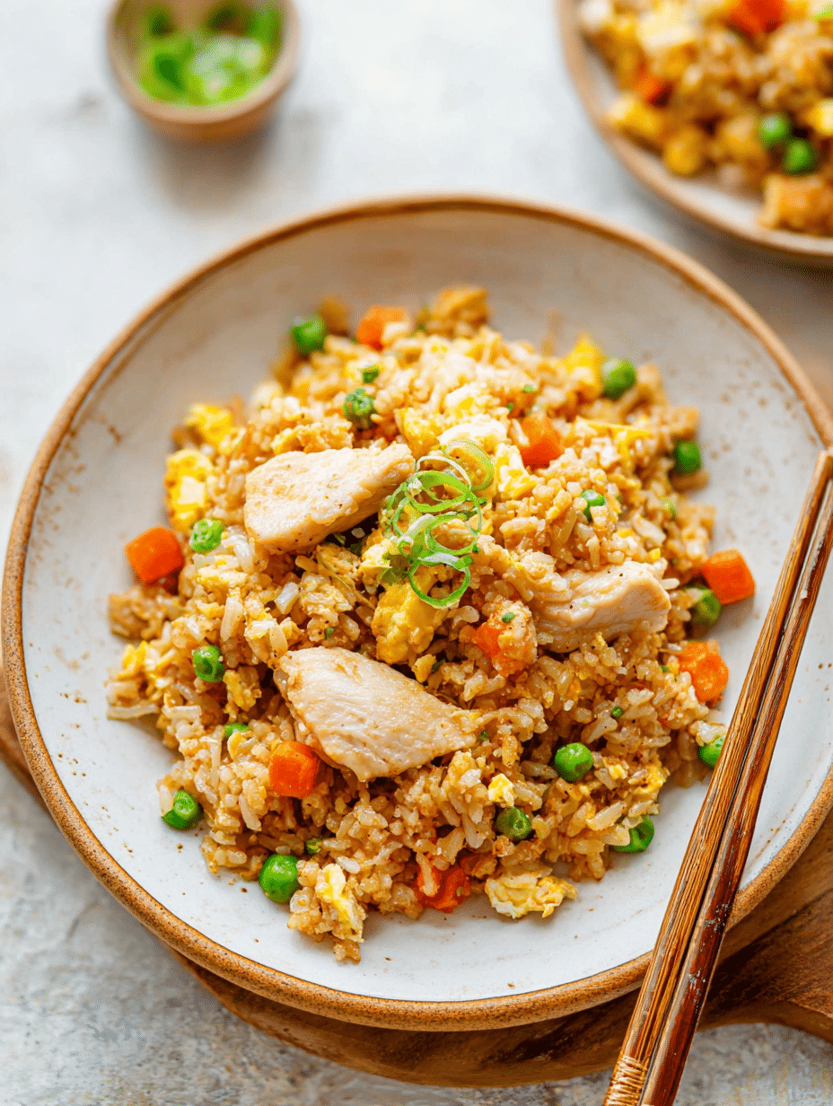 Delicious homemade Better-Than-Takeout Chicken Fried Rice in a bowl with green onions and chopsticks.