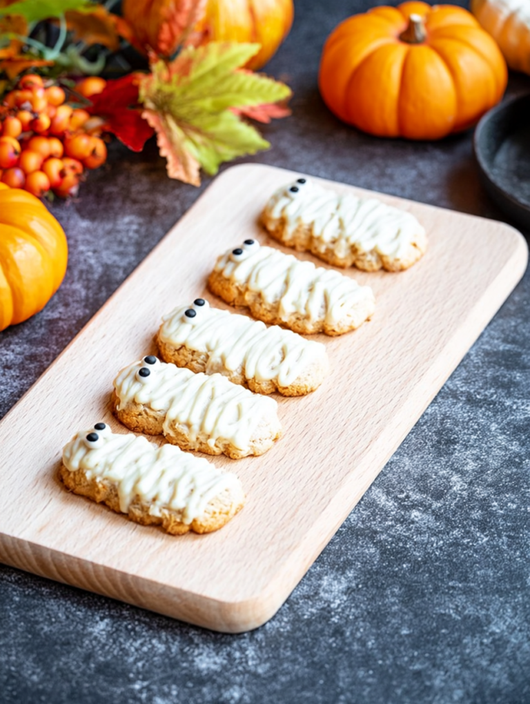 Close-up of a decorated Mummy Cookie with white chocolate and candy eyes on a Halloween background.