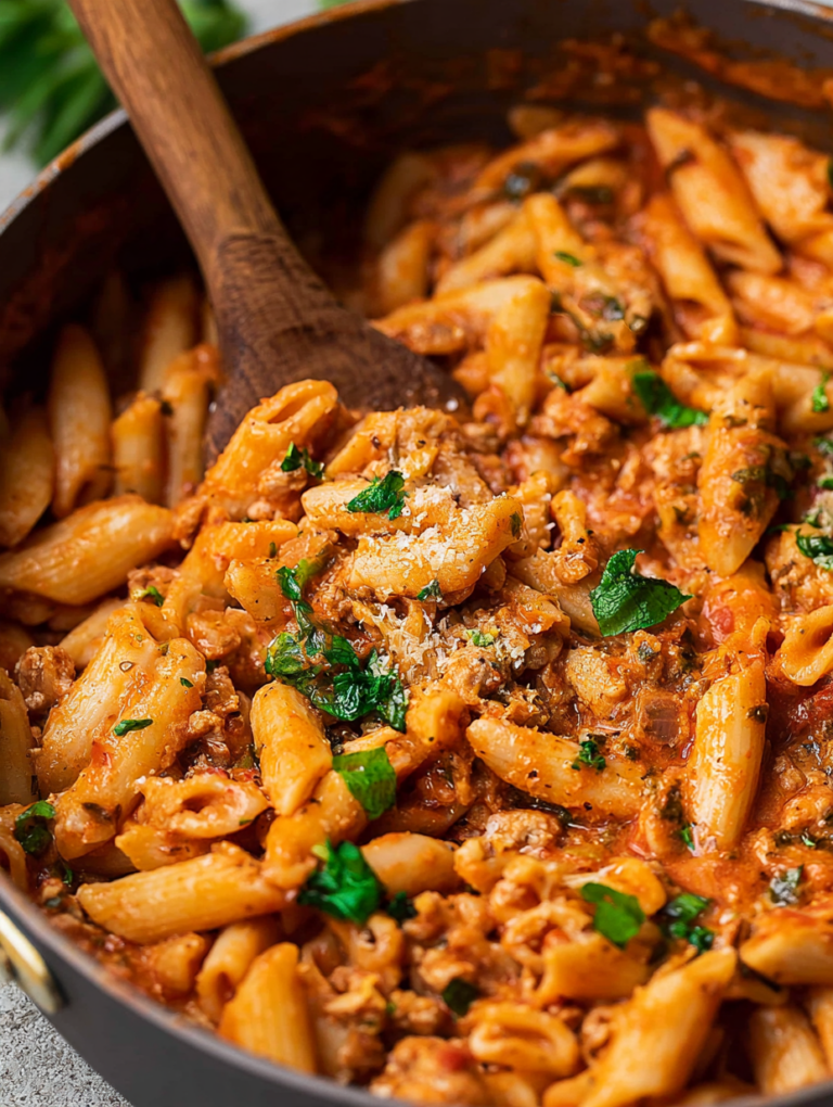Bowl of creamy one-pot ground turkey pasta topped with fresh basil and grated parmesan cheese.