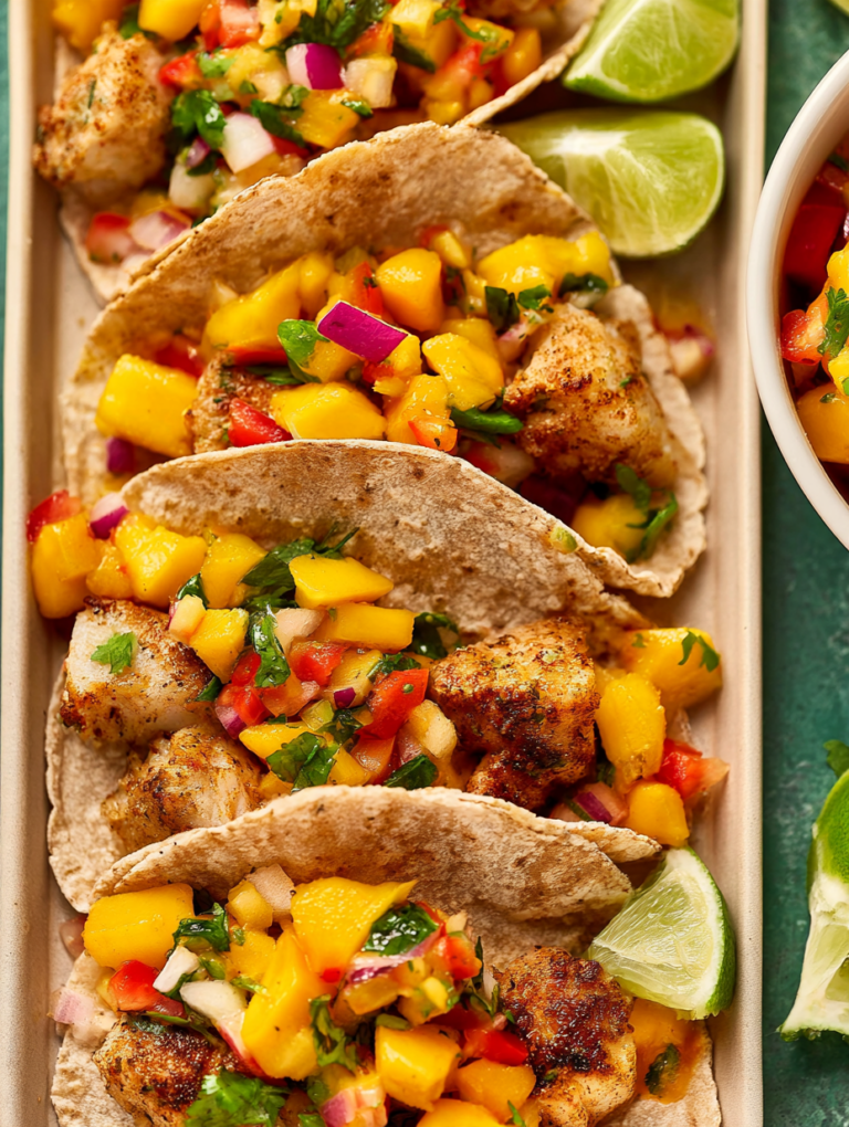 Delicious fish tacos with colorful mango salsa and lime on a wooden table.