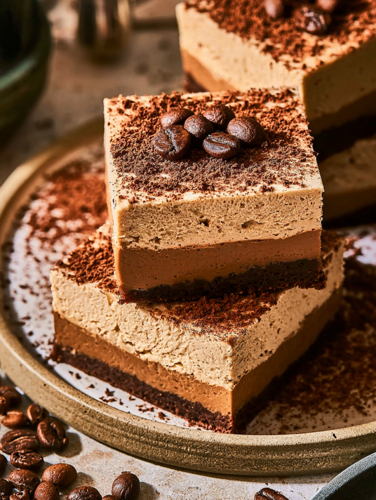 Delicious No-Bake Espresso Martini Bars served on a plate, garnished with cocoa powder and espresso beans, with an espresso cocktail in the background.
