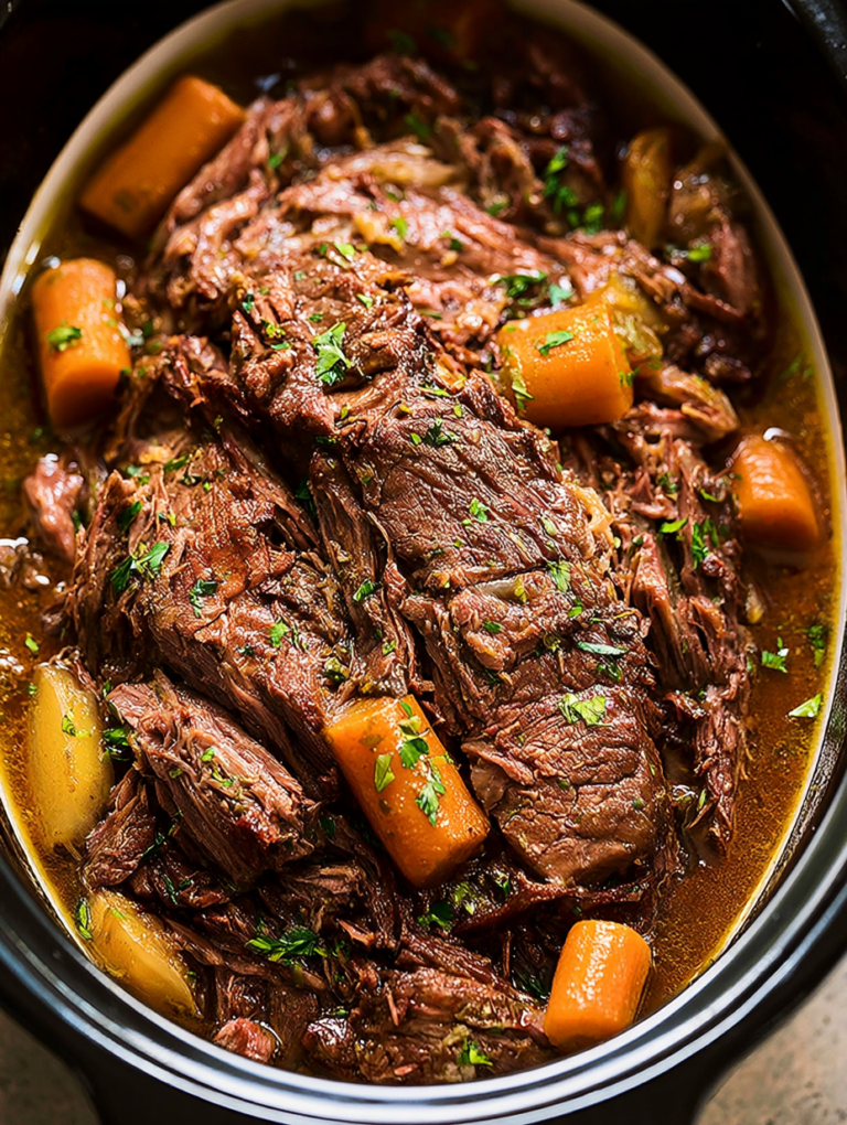 Delicious Crockpot Chuck Roast with tender carrots and potatoes, served in a rustic bowl.