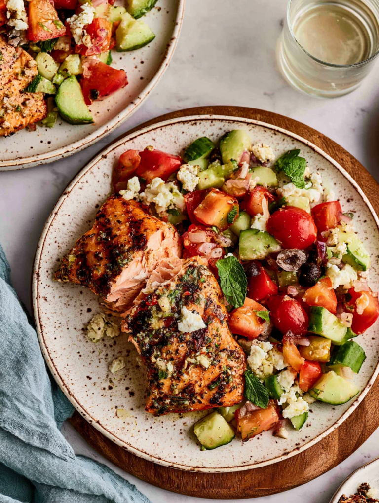 Greek salmon recipe with cucumber salad, fresh herbs, and balsamic glaze.