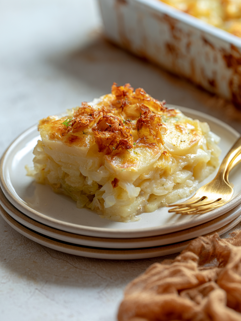 Delicious Polish Potato & Cabbage Casserole served warm in a rustic dish, garnished with fresh parsley.