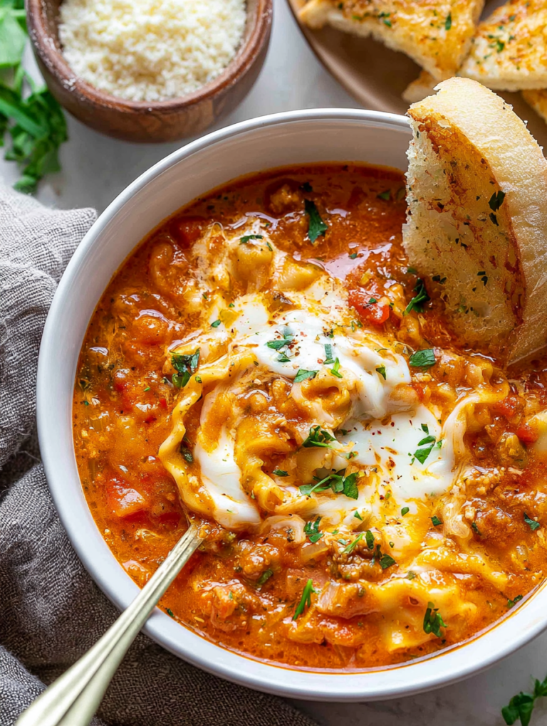 Delicious easy lasagna soup served in a bowl, garnished with cheese and parsley, with crusty bread on the side.