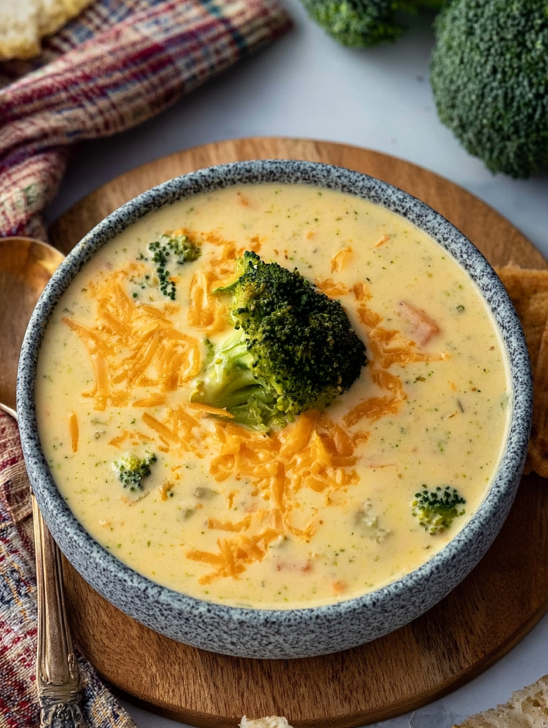 Delicious broccoli cheddar soup in a bowl with fresh broccoli and cheddar cheese on top, alongside a piece of crusty bread.