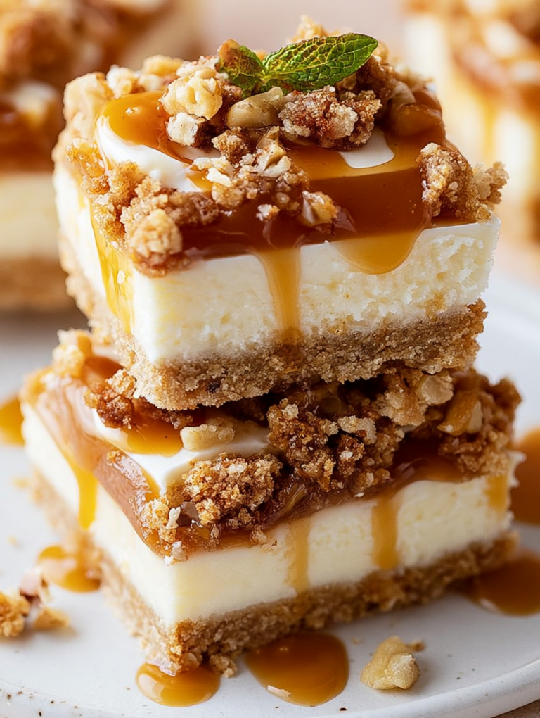 Delicious caramel apple cheesecake bar drizzled with caramel sauce and garnished with apple slice.