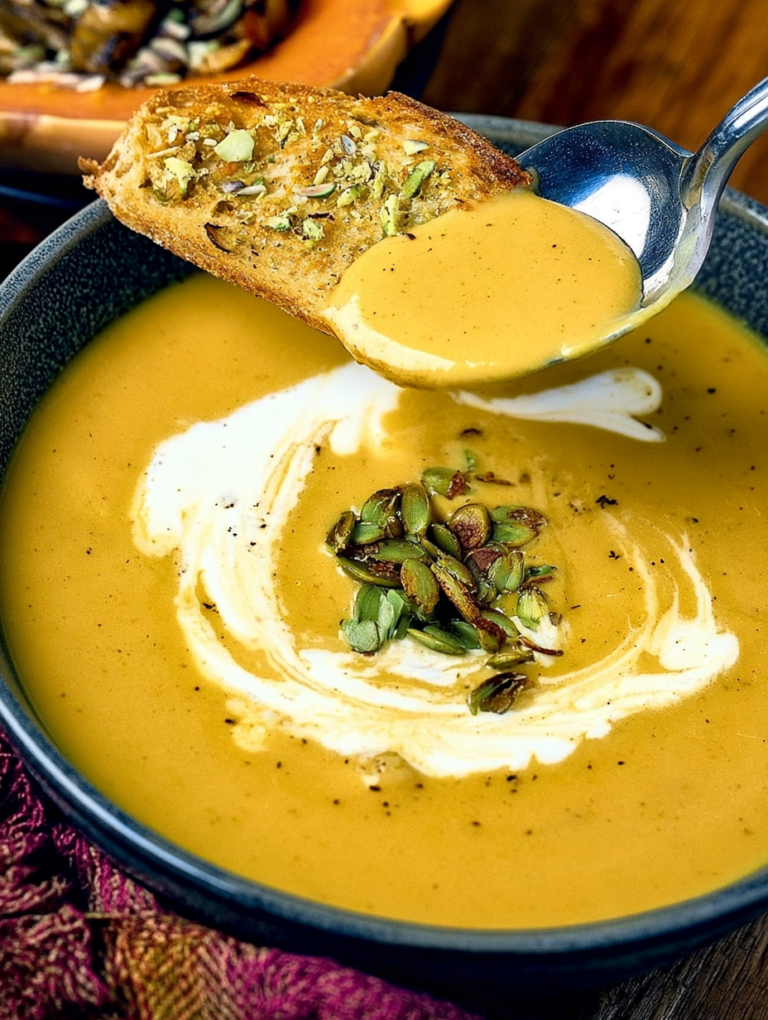Bowl of creamy butternut squash soup garnished with herbs and spices, showcasing a warm and inviting fall dish.