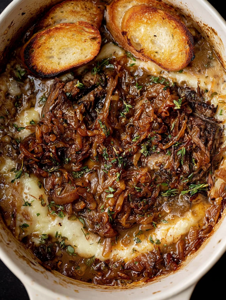 Close-up of French Onion Pot Roast topped with melted Gruyère cheese and crispy baguette slices